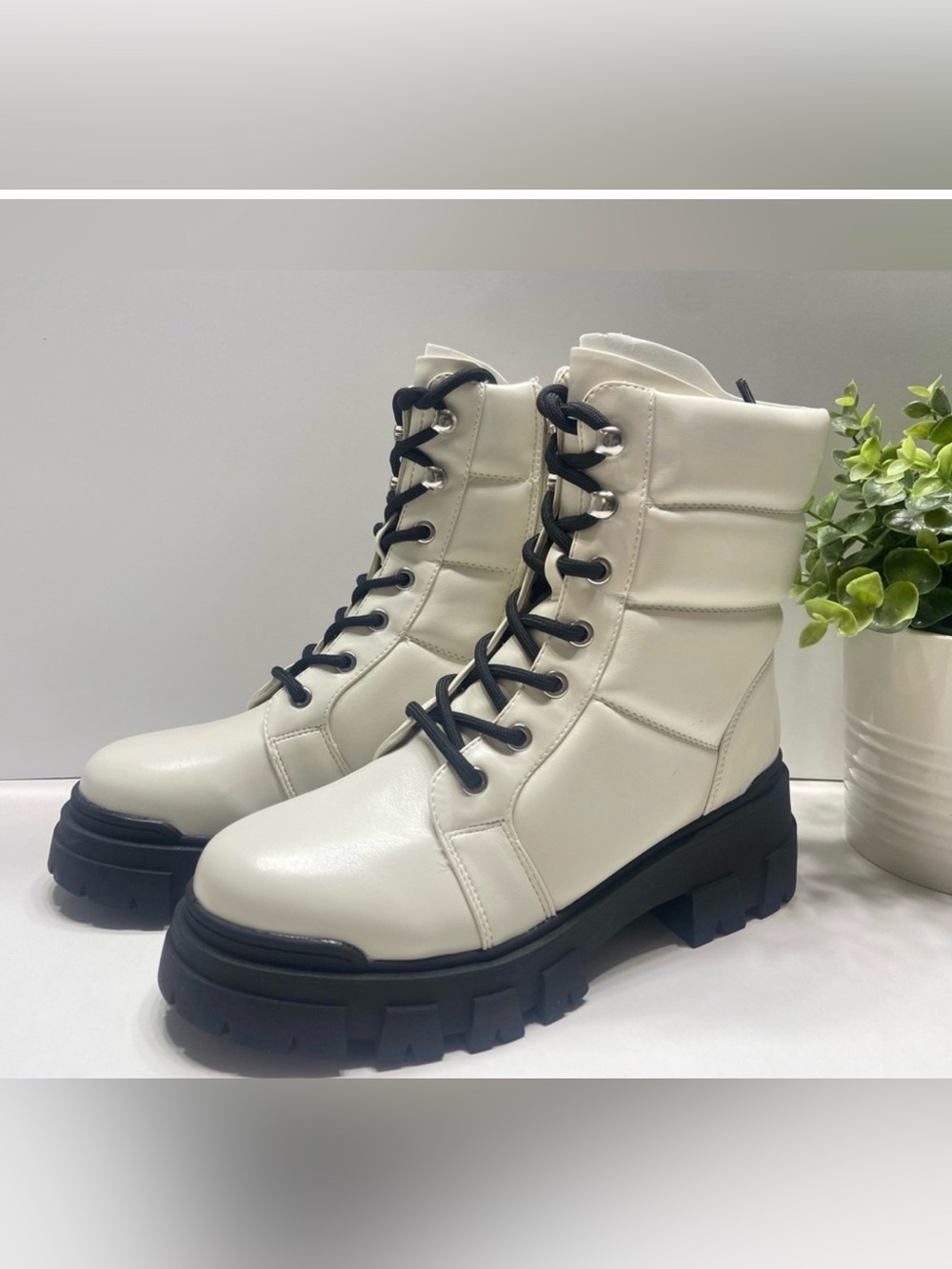 Marc Fisher Cream Ankle Boots with Black Laces